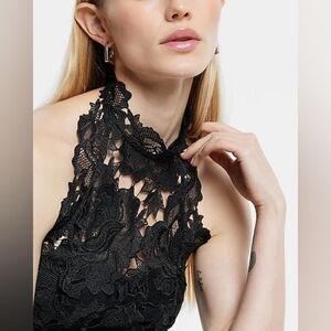 NWT EXPRESS textured Bodysuit Top Black Size Med Embroidered Lace Thong Snap